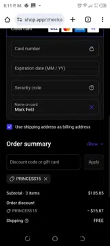 PRINCESS15 coupon verification screenshot