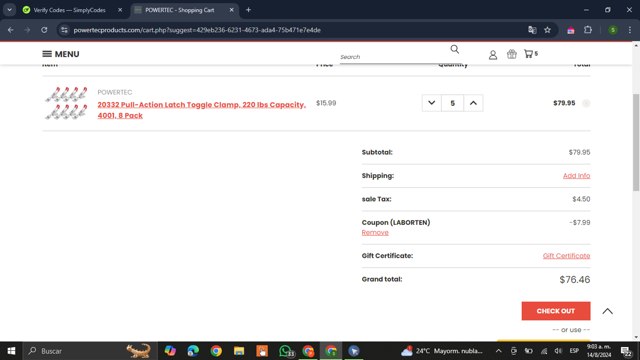 Powertec checkout page showing Powertec discount code box | Screenshot taken by SimplyCodes community member on Aug 14, 2024