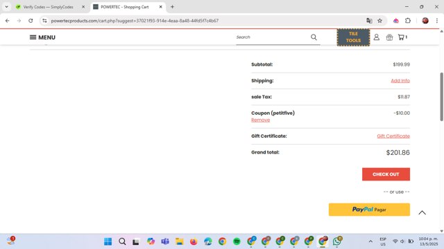 Powertec checkout page showing Powertec discount code box | Screenshot taken by SimplyCodes community member on May 14, 2025
