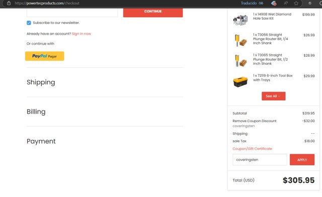 Powertec checkout page showing Powertec discount code box | Screenshot taken by SimplyCodes community member on May 7, 2025