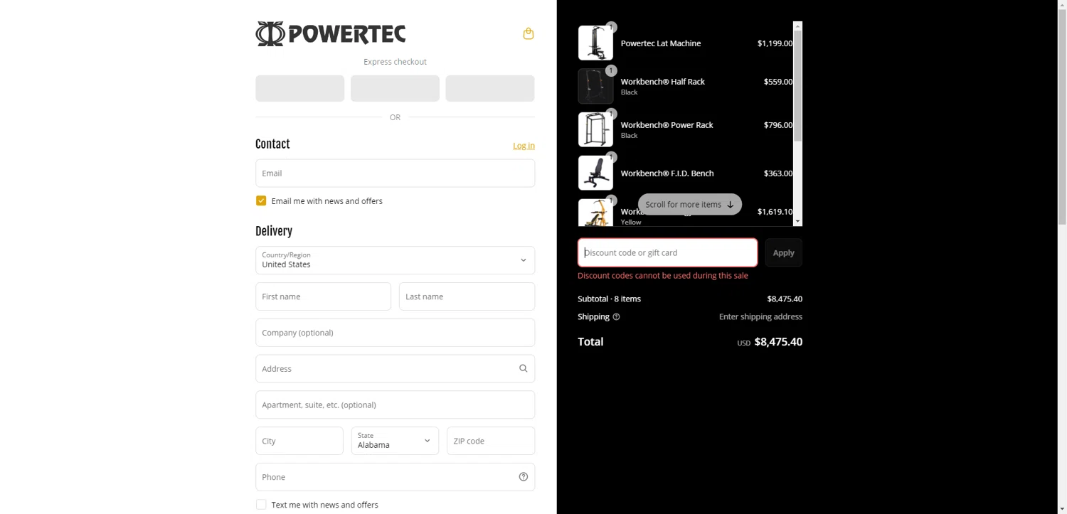 Powertec Fitness discount code screenshot showing code KAI10 applied at Powertec Fitness checkout page. Uploaded by SimplyCodes community member EpicEagle816 on Jul 2, 2025