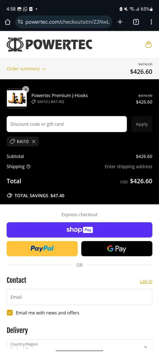 Powertec Fitness discount code screenshot showing code KAI10 applied at Powertec Fitness checkout page. Uploaded by SimplyCodes community member MangoFC on May 22, 2025