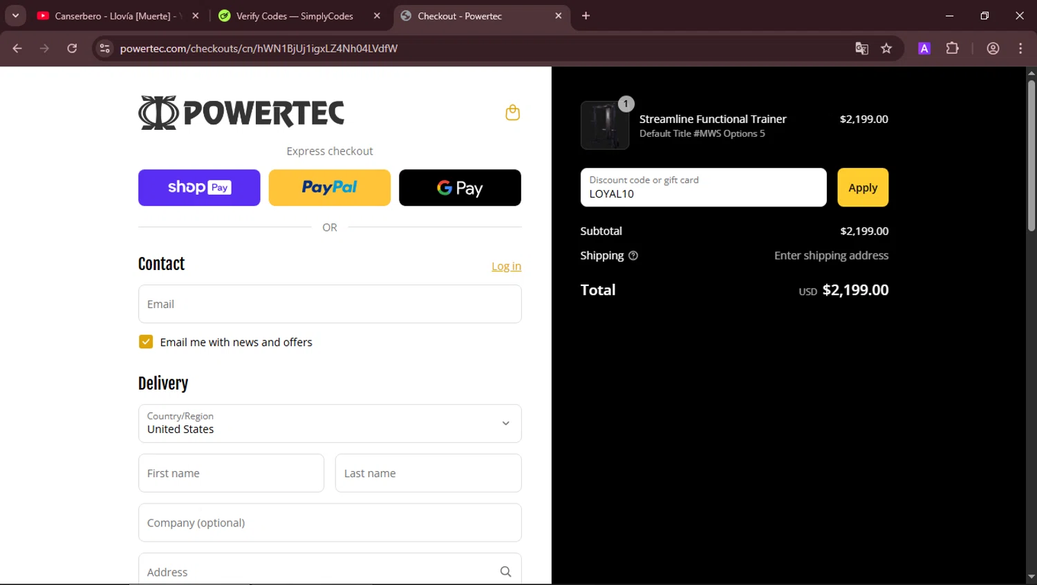 Powertec Fitness discount code screenshot showing code LOYAL10 applied at Powertec Fitness checkout page. Uploaded by SimplyCodes community member RoyalLegend4835 on Jul 29, 2025