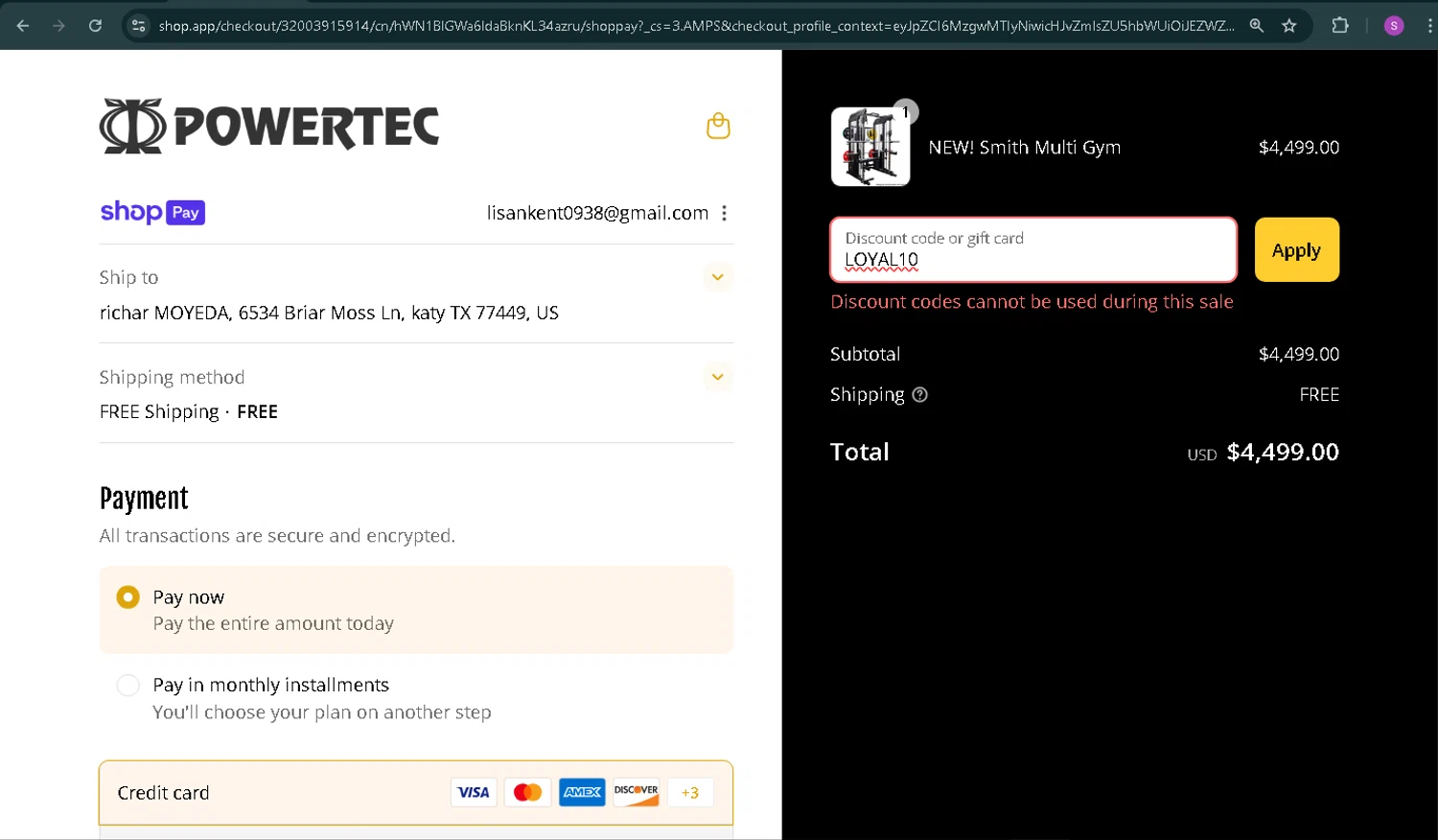 Powertec Fitness discount code screenshot showing code LOYAL10 applied at Powertec Fitness checkout page. Uploaded by SimplyCodes community member sakisaki on Jul 29, 2025