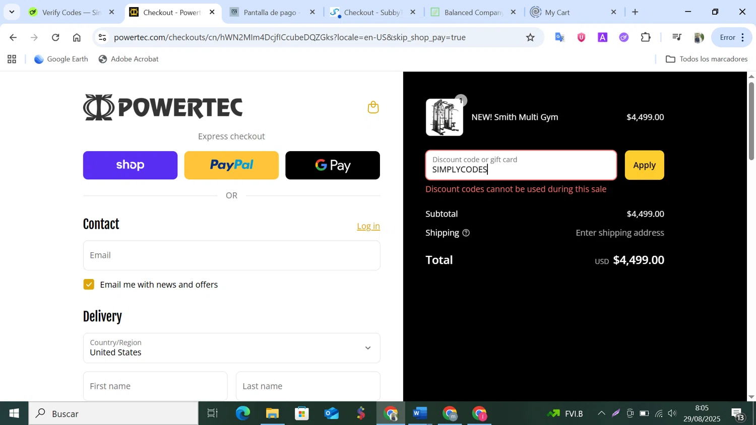 Powertec Fitness discount code screenshot showing code SIMPLYCODES applied at Powertec Fitness checkout page. Uploaded by SimplyCodes community member NobleMonarch5837 on Aug 29, 2025