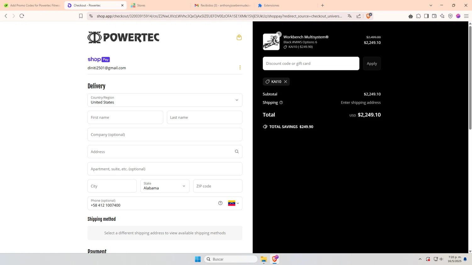 Powertec Fitness discount code screenshot showing code KAI10 applied at Powertec Fitness checkout page. Uploaded by SimplyCodes community member AnthonyGTX on May 16, 2025