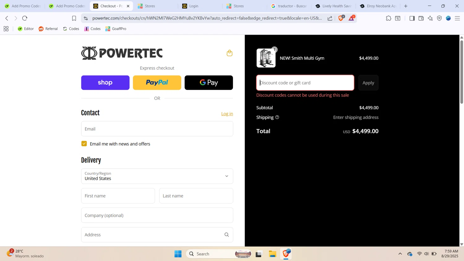 Powertec Fitness discount code screenshot showing code SIMPLYCODES applied at Powertec Fitness checkout page. Uploaded by SimplyCodes community member BabaYaga on Aug 29, 2025