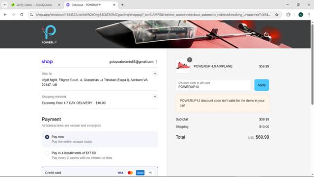 PowerUp Toys checkout page showing PowerUp Toys discount code box | Screenshot taken by SimplyCodes community member on Sep 12, 2025