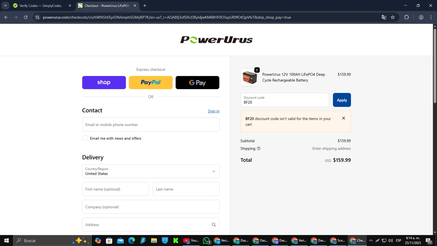 PowerUrus promo code screenshot showing code BF20 applied at PowerUrus checkout page. Uploaded by SimplyCodes community member Cynoxx on Nov 25, 2025