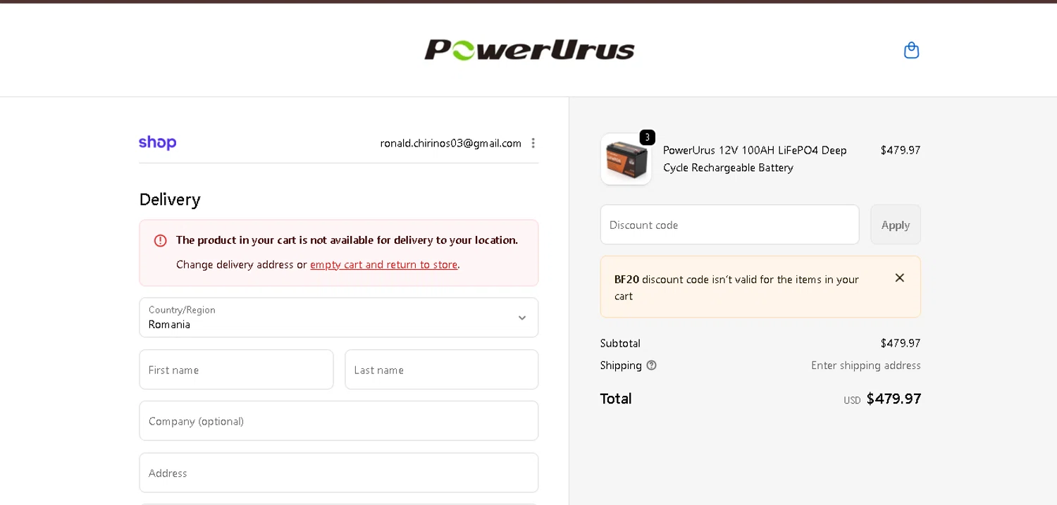 PowerUrus checkout page showing PowerUrus promo code box | Screenshot taken by SimplyCodes community member on Jan 8, 2026