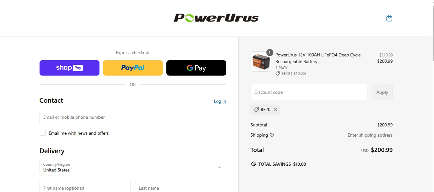 PowerUrus promo code screenshot showing code BF20 applied at PowerUrus checkout page. Uploaded by SimplyCodes community member VoucherVirtuoso2520 on Apr 20, 2025