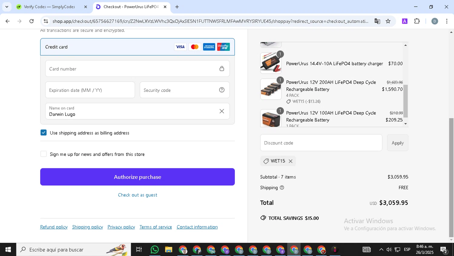 PowerUrus promo code screenshot showing code WET15 applied at PowerUrus checkout page. Uploaded by SimplyCodes community member Alejandria on Mar 26, 2025