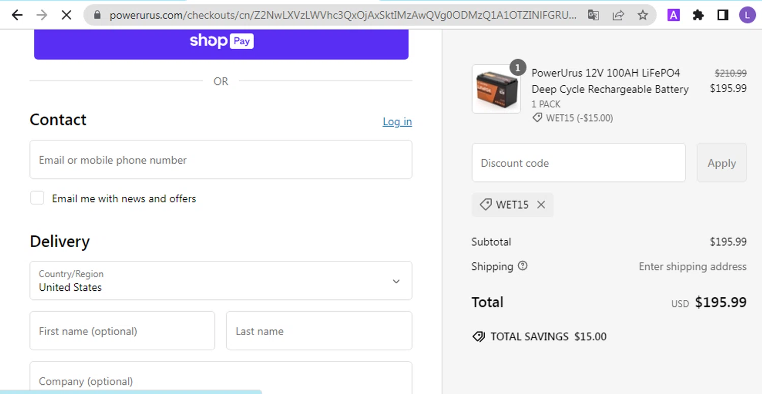 PowerUrus promo code screenshot showing code WET15 applied at PowerUrus checkout page. Uploaded by SimplyCodes community member NobleKnight286 on Feb 7, 2025
