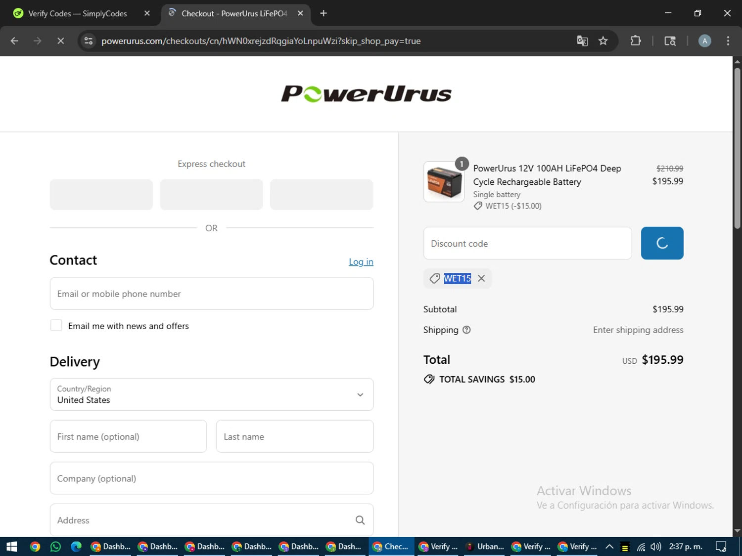PowerUrus promo code screenshot showing code WET15 applied at PowerUrus checkout page. Uploaded by SimplyCodes community member trippieredd on Jul 23, 2025