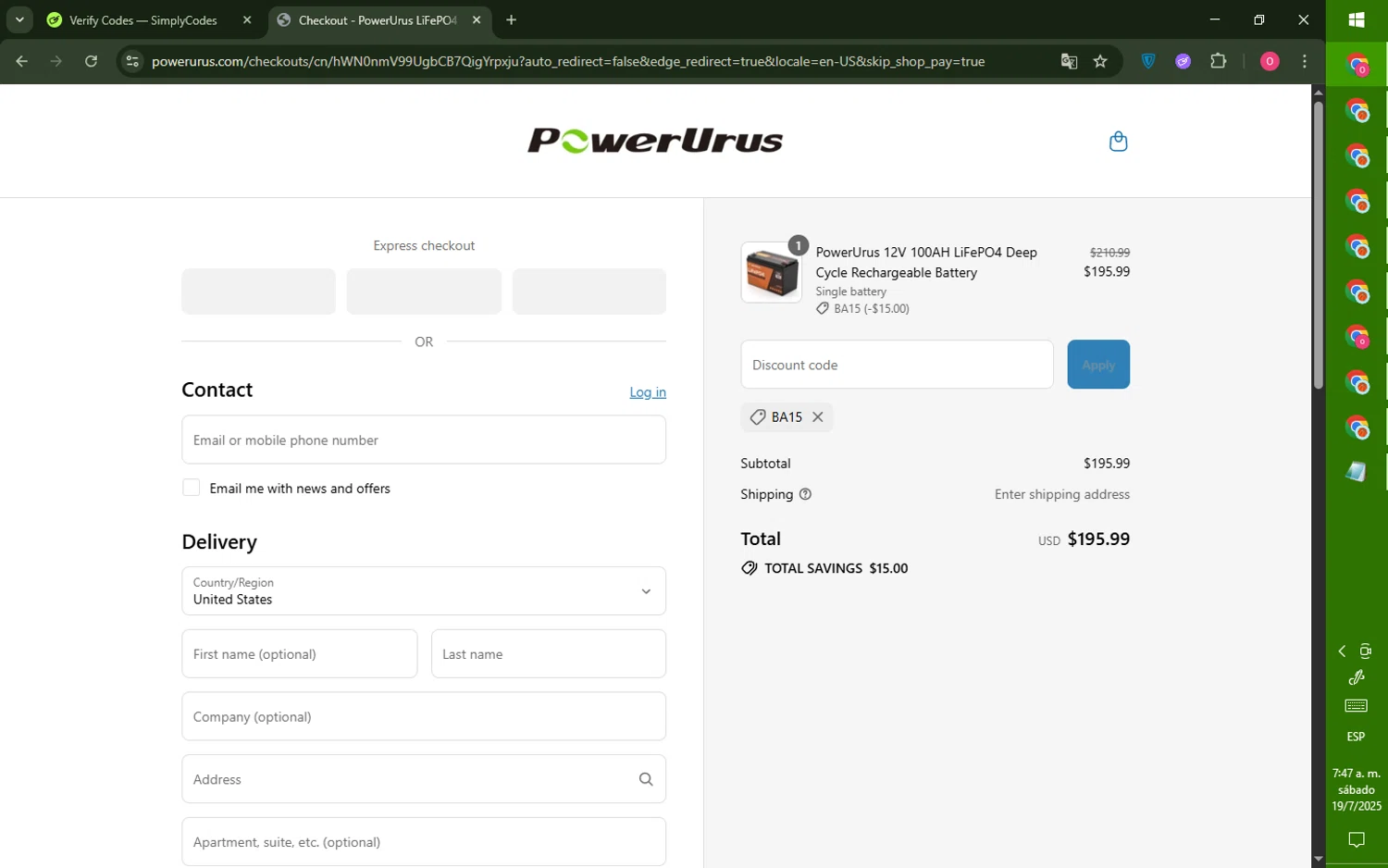 PowerUrus promo code screenshot showing code BA15 applied at PowerUrus checkout page. Uploaded by SimplyCodes community member LegendaryRanger6350 on Jul 19, 2025