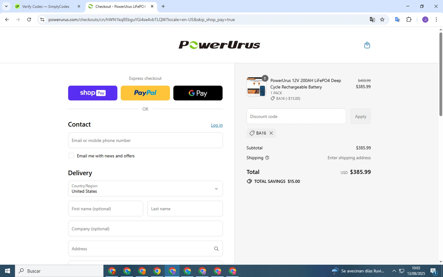 PowerUrus promo code screenshot showing code BA16 applied at PowerUrus checkout page. Uploaded by SimplyCodes community member MagnificentLynx1486 on Aug 13, 2025