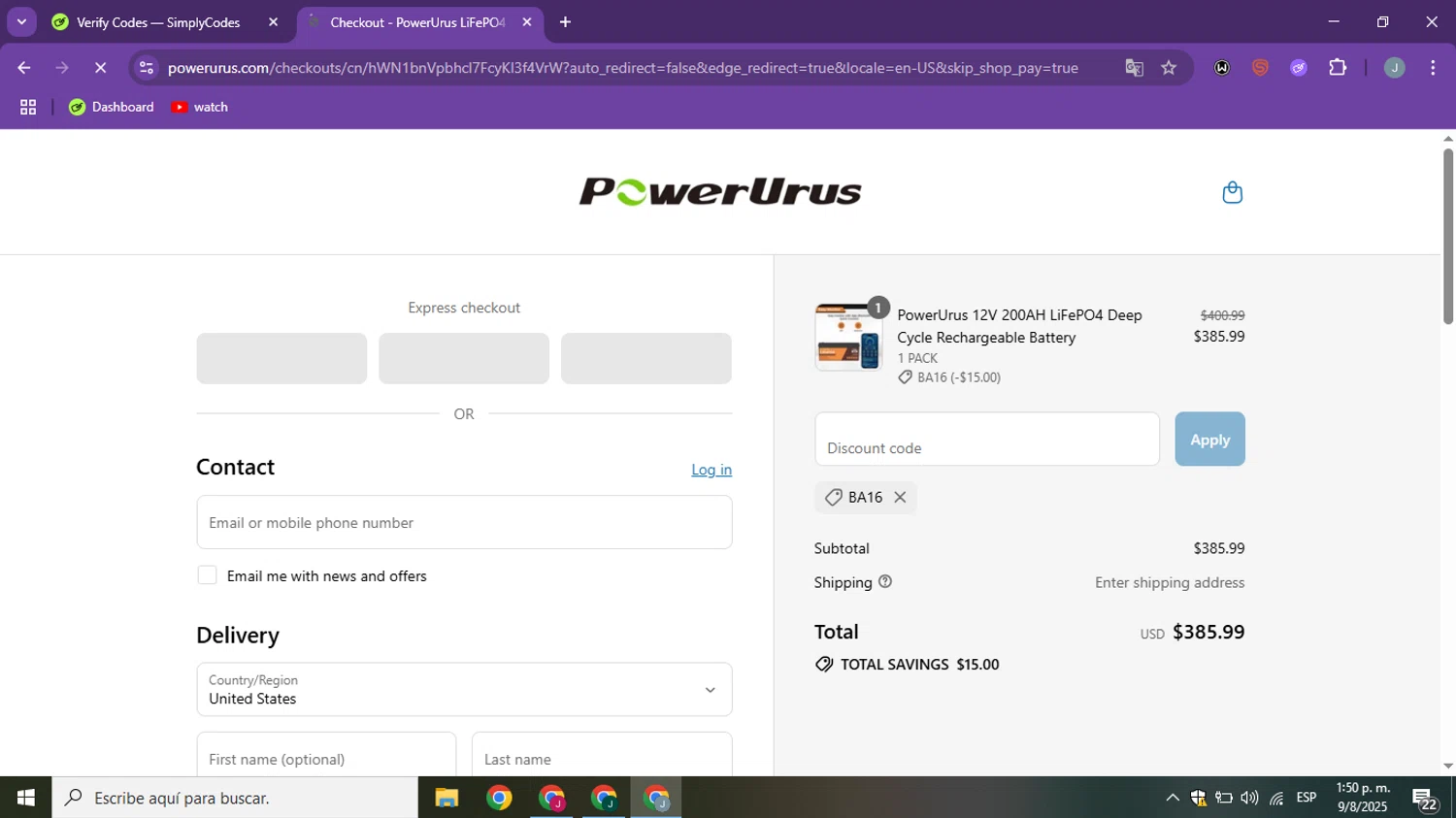 PowerUrus promo code screenshot showing code BA16 applied at PowerUrus checkout page. Uploaded by SimplyCodes community member ShieldSpotter3995 on Aug 9, 2025