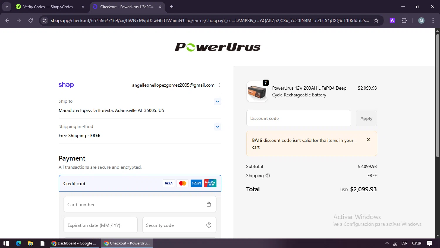 PowerUrus promo code screenshot showing code BA16 applied at PowerUrus checkout page. Uploaded by SimplyCodes community member maraxo on Jan 8, 2026