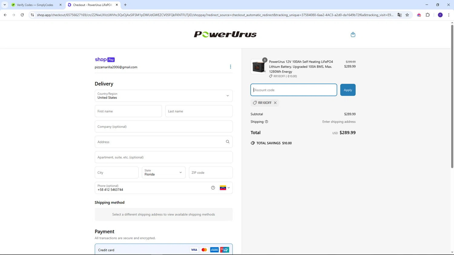 PowerUrus promo code screenshot showing code RR10OFF applied at PowerUrus checkout page. Uploaded by SimplyCodes community member AberthGotopo on Apr 1, 2025