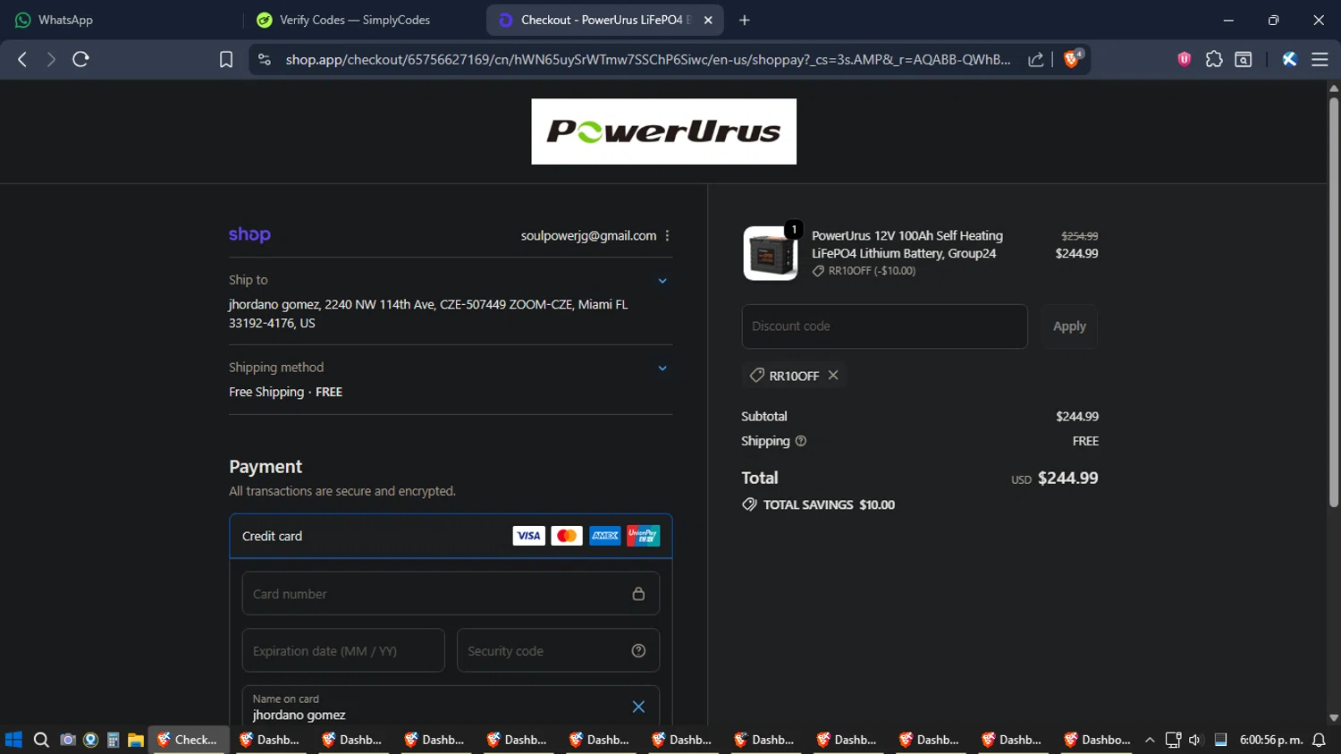 PowerUrus promo code screenshot showing code RR10OFF applied at PowerUrus checkout page. Uploaded by SimplyCodes community member SimplyGOAT on Dec 5, 2025