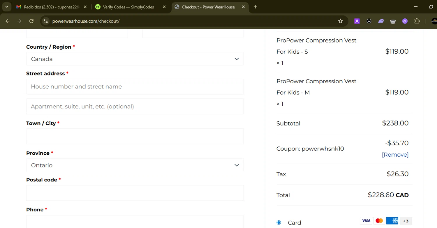 Power WearHouse promo code screenshot showing code POWERWHSNK10 applied at Power WearHouse checkout page. Uploaded by SimplyCodes community member SilverMonarch6357 on Nov 30, 2025