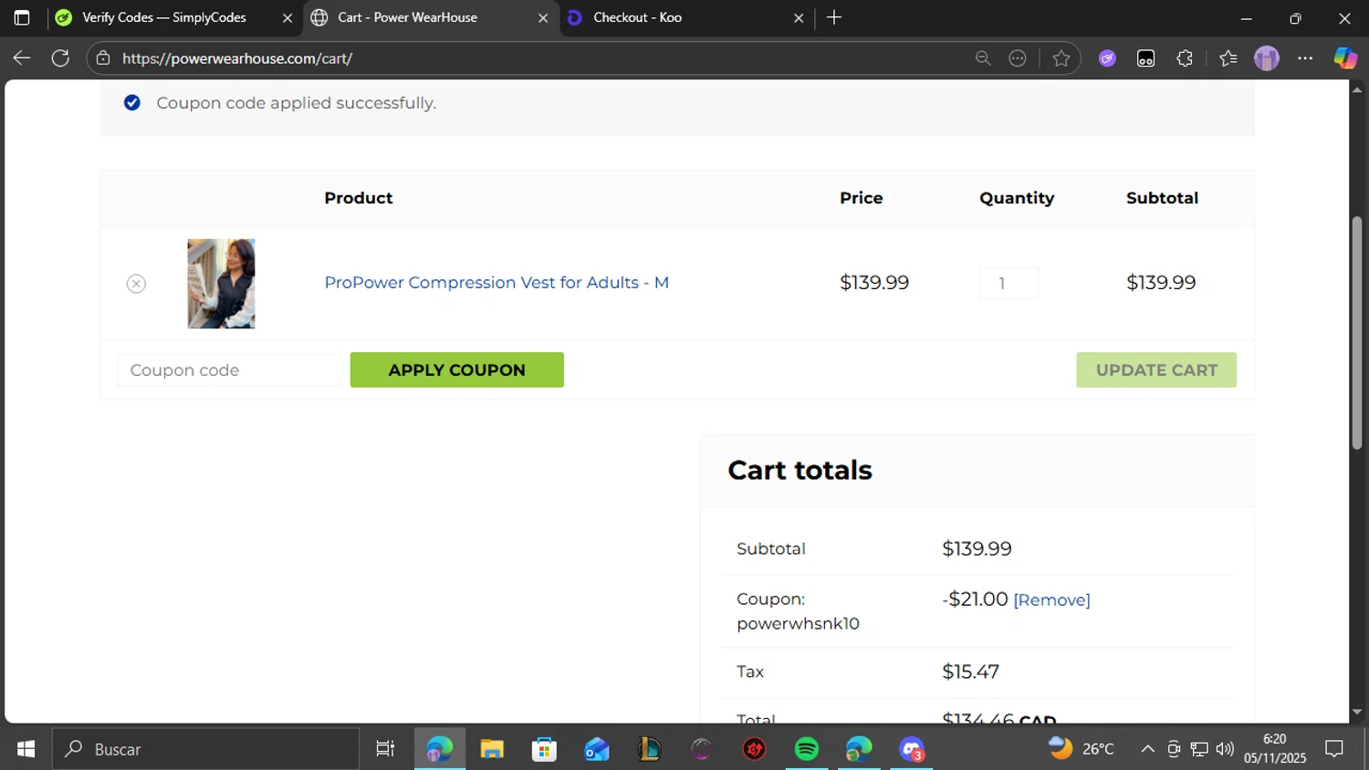 Power WearHouse promo code screenshot showing code POWERWHSNK10 applied at Power WearHouse checkout page. Uploaded by SimplyCodes community member THEBANANA on Nov 5, 2025