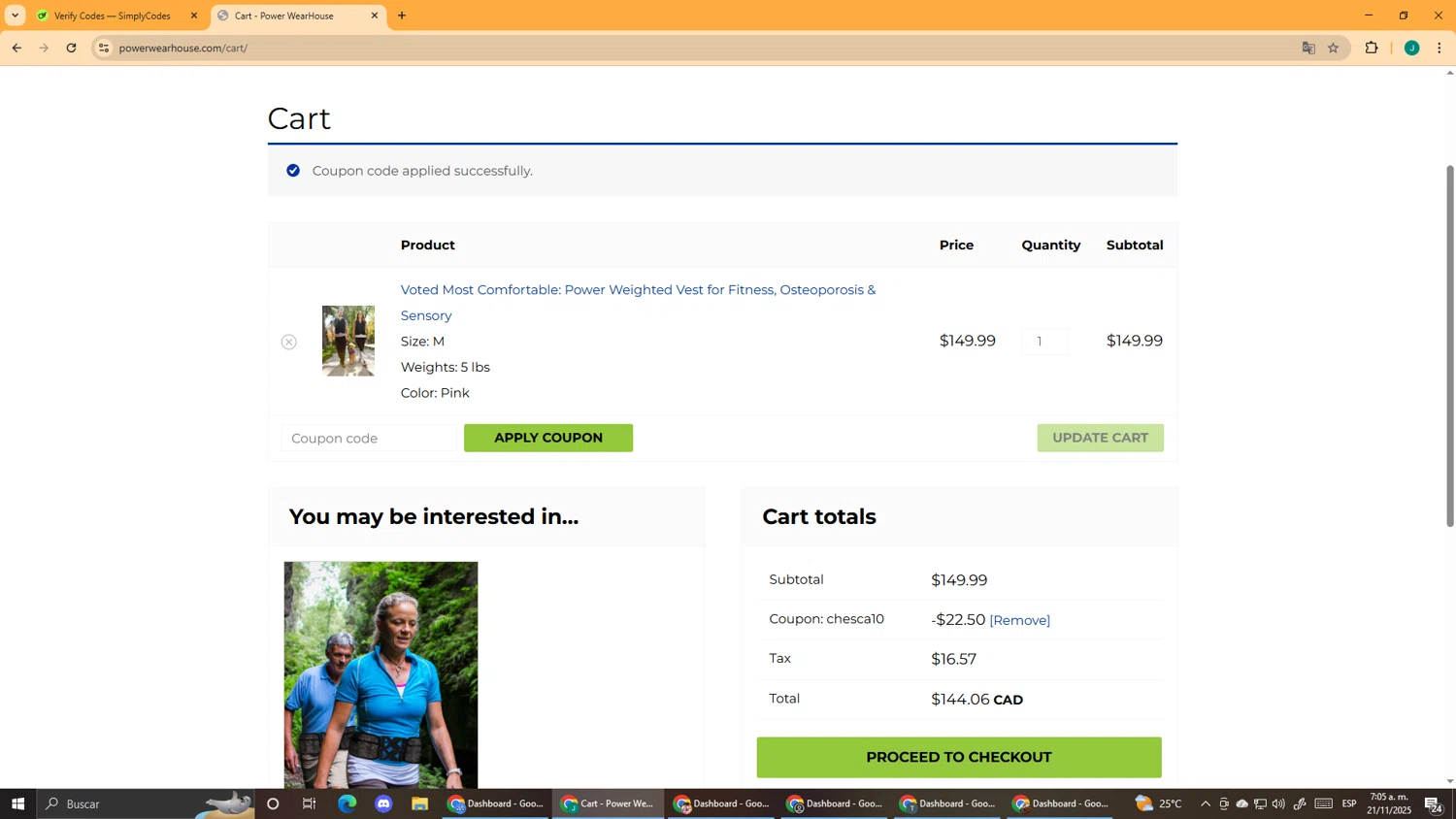 Power WearHouse promo code screenshot showing code chesca10 applied at Power WearHouse checkout page. Uploaded by SimplyCodes community member DealScout5970 on Nov 21, 2025