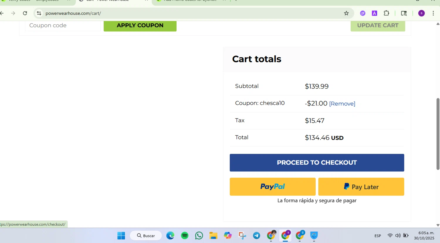 Power WearHouse promo code screenshot showing code chesca10 applied at Power WearHouse checkout page. Uploaded by SimplyCodes community member Lamadama on Oct 30, 2025