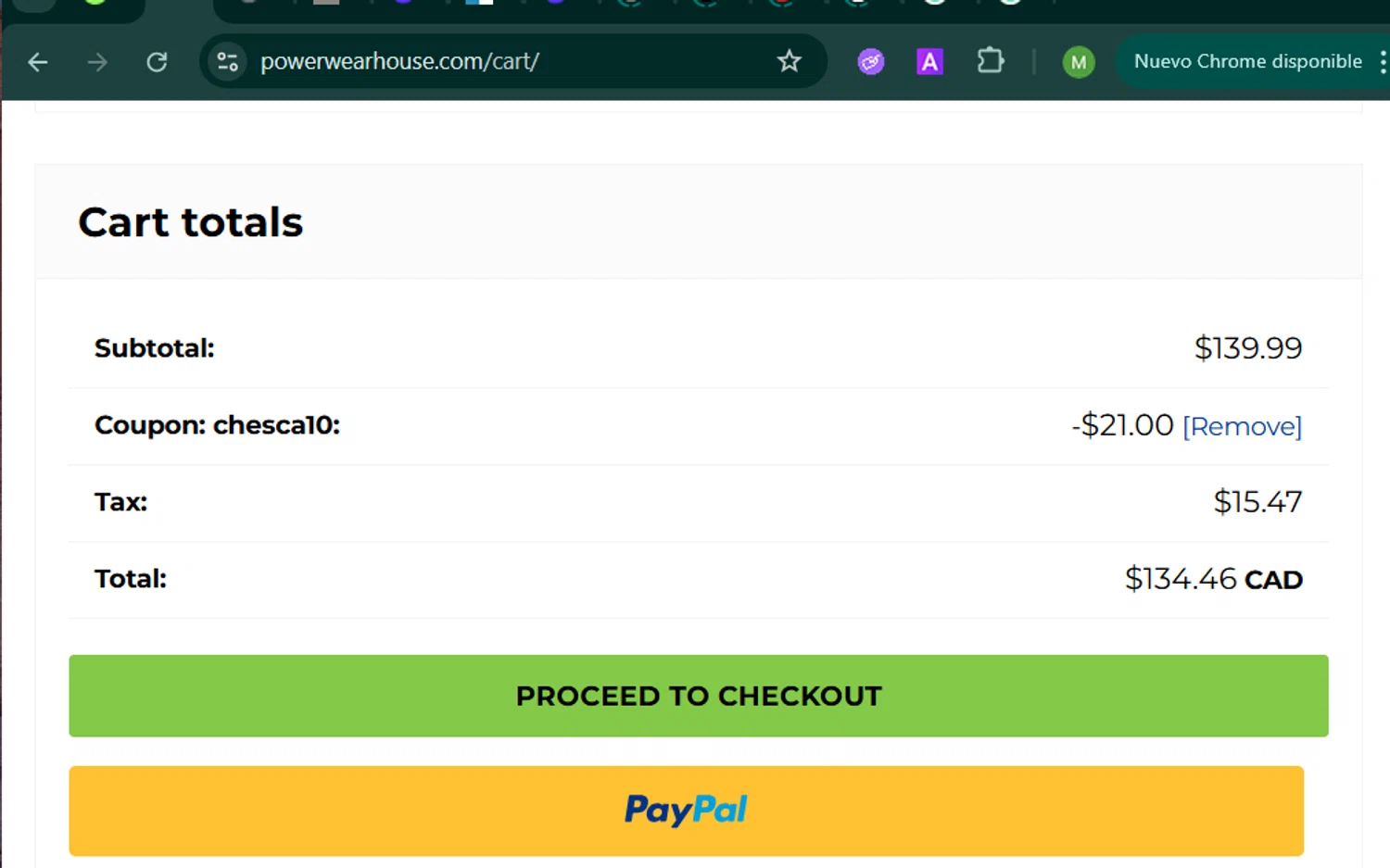 Power WearHouse promo code screenshot showing code chesca10 applied at Power WearHouse checkout page. Uploaded by SimplyCodes community member MARCVH on Nov 12, 2025