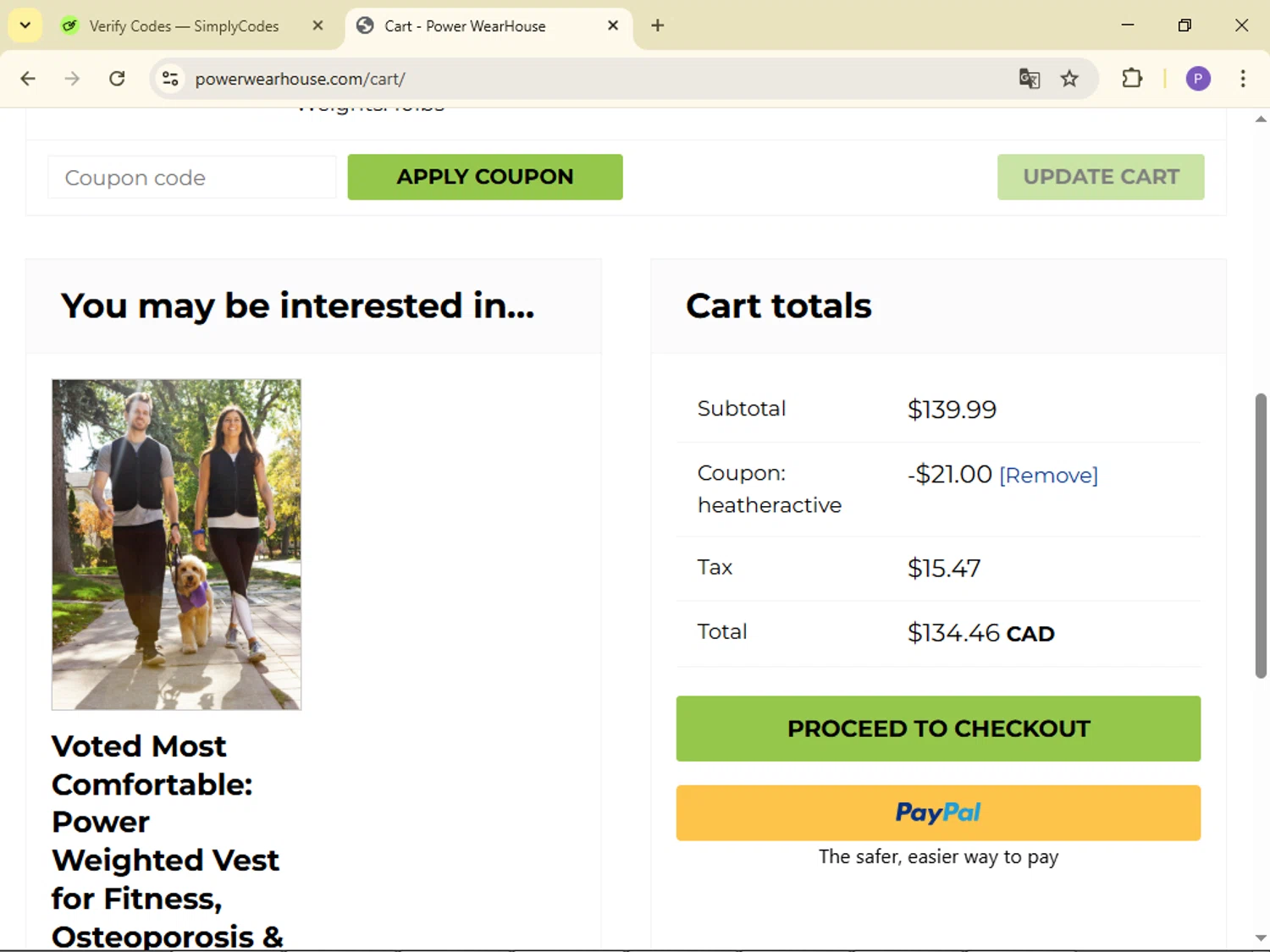 Power WearHouse promo code screenshot showing code HEATHERACTIVE applied at Power WearHouse checkout page. Uploaded by SimplyCodes community member FortunateLion8466 on Dec 15, 2025