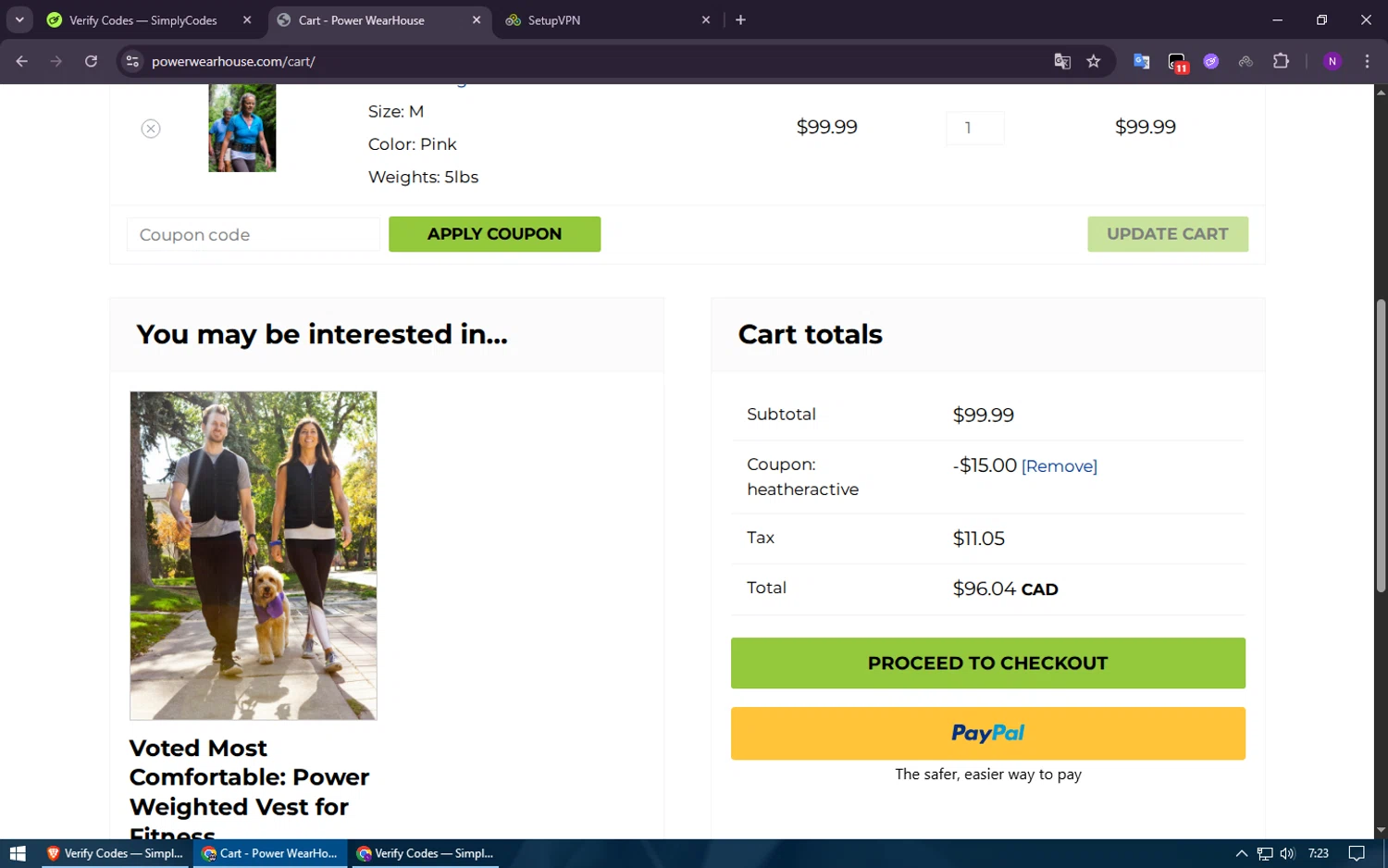Power WearHouse promo code screenshot showing code HEATHERACTIVE applied at Power WearHouse checkout page. Uploaded by SimplyCodes community member Voucher200 on Nov 30, 2025