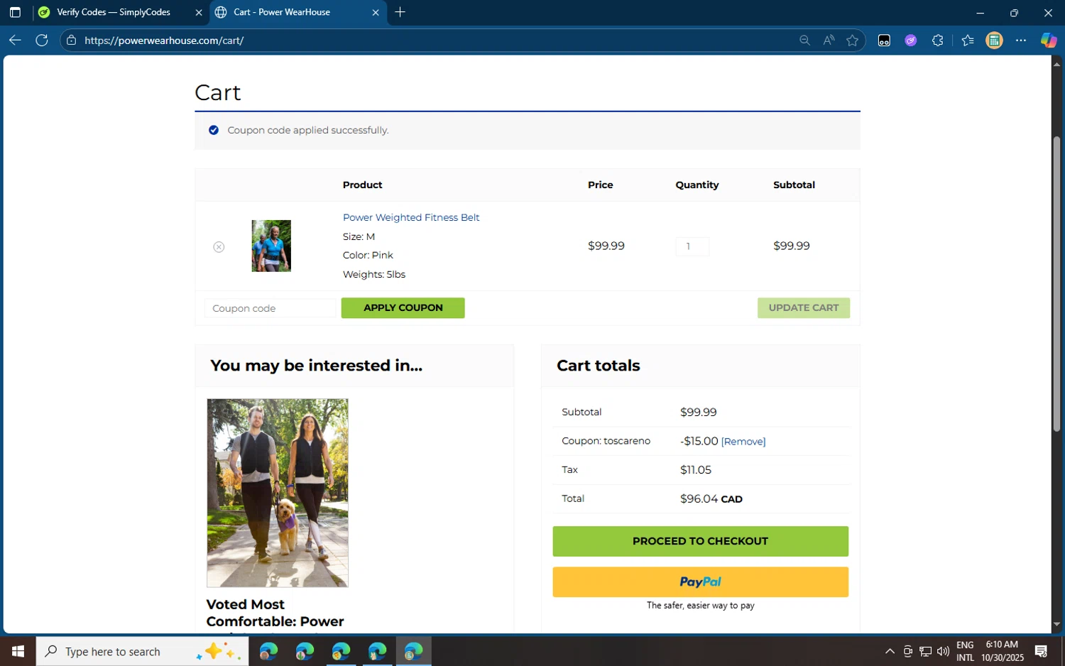 Power WearHouse promo code screenshot showing code TOSCARENO applied at Power WearHouse checkout page. Uploaded by SimplyCodes community member jvllsk3 on Oct 30, 2025