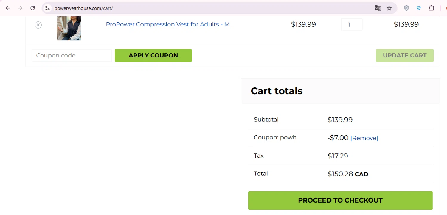 Power WearHouse promo code screenshot showing code POWH applied at Power WearHouse checkout page. Uploaded by SimplyCodes community member carol_lameda on Dec 10, 2025