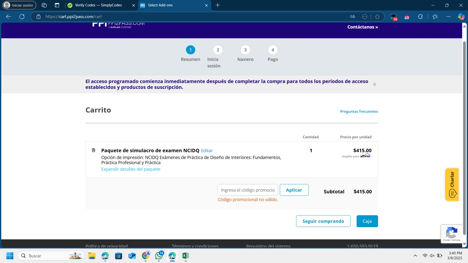PPI promo code screenshot showing code HPE15 applied at PPI checkout page. Uploaded by SimplyCodes community member Lamine_Yamal on Mar 8, 2025