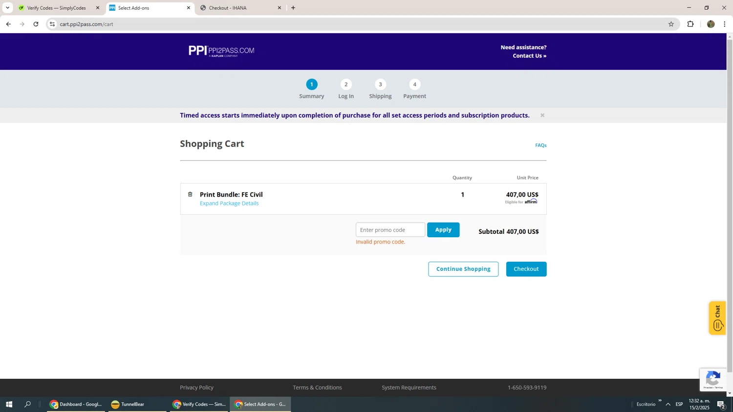 PPI promo code screenshot showing code COL15 applied at PPI checkout page. Uploaded by SimplyCodes community member Phoenix585 on Feb 15, 2025