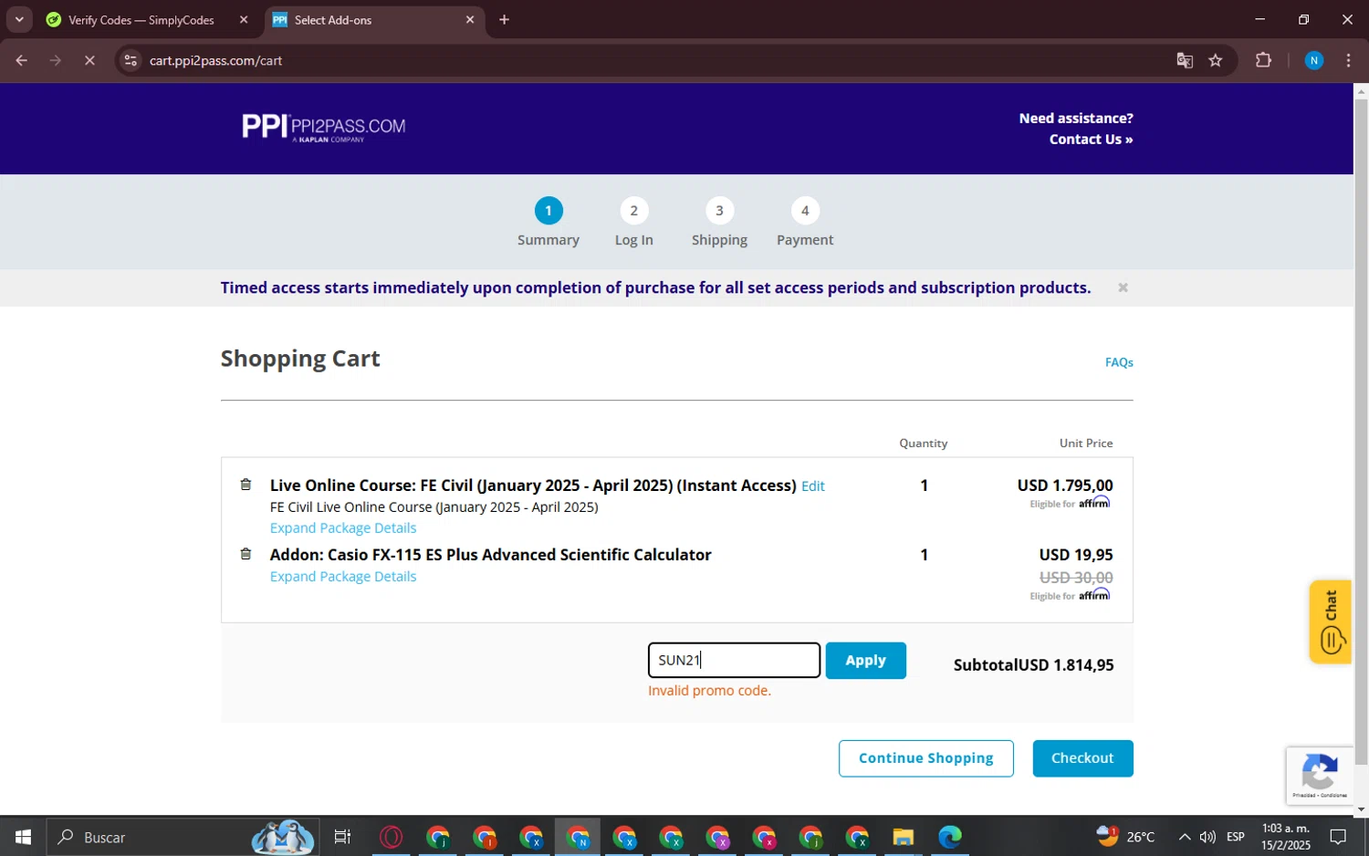 PPI promo code screenshot showing code SUN21 applied at PPI checkout page. Uploaded by SimplyCodes community member CashCollector6189 on Feb 15, 2025