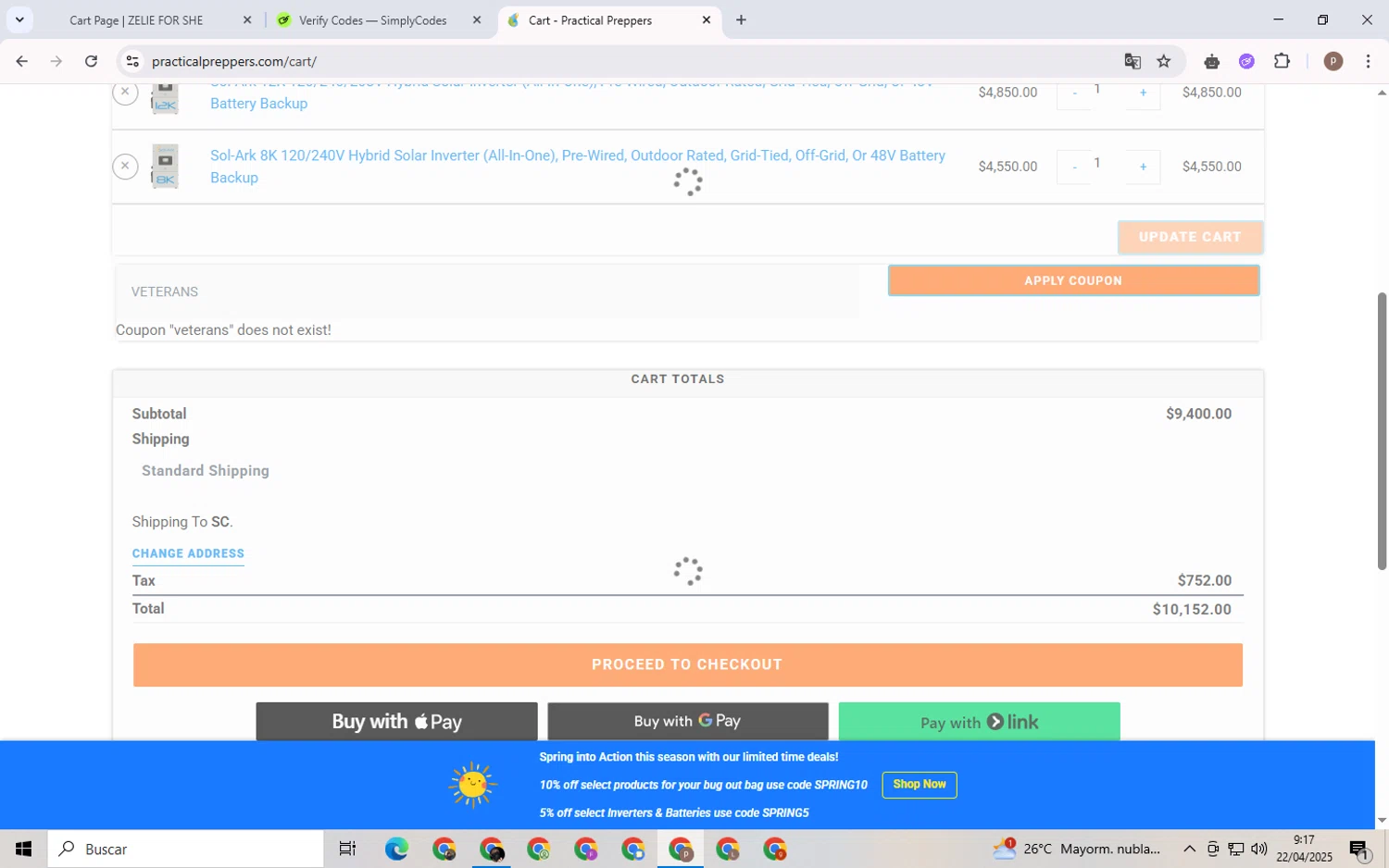 Practical Preppers promo code screenshot showing code VETERANS applied at Practical Preppers checkout page. Uploaded by SimplyCodes community member RoyalSleuth6331 on Apr 22, 2025