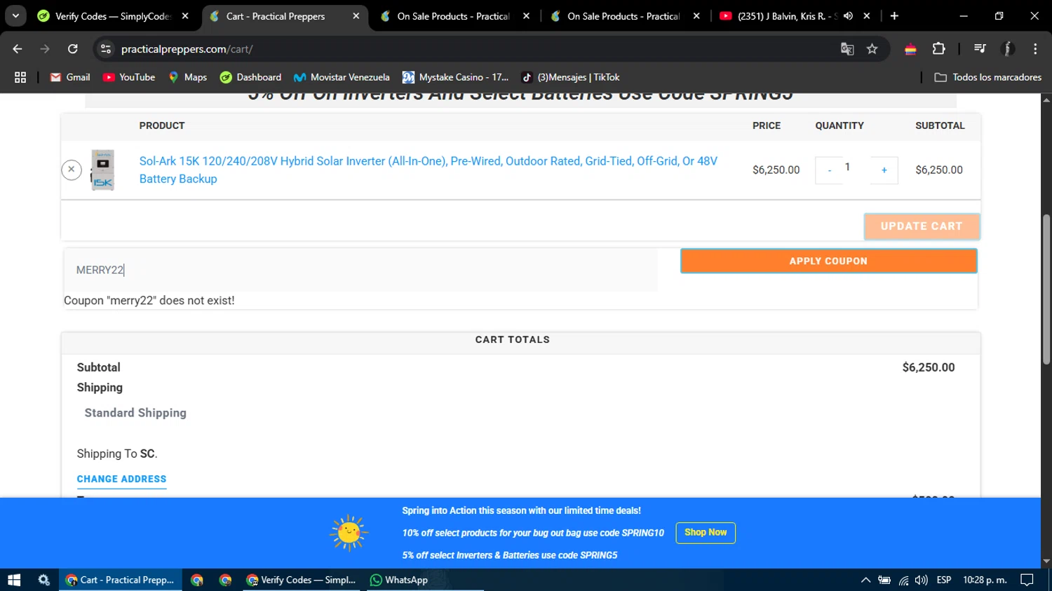 Practical Preppers promo code screenshot showing code MERRY22 applied at Practical Preppers checkout page. Uploaded by SimplyCodes community member ChinoYugiXD on Apr 22, 2025