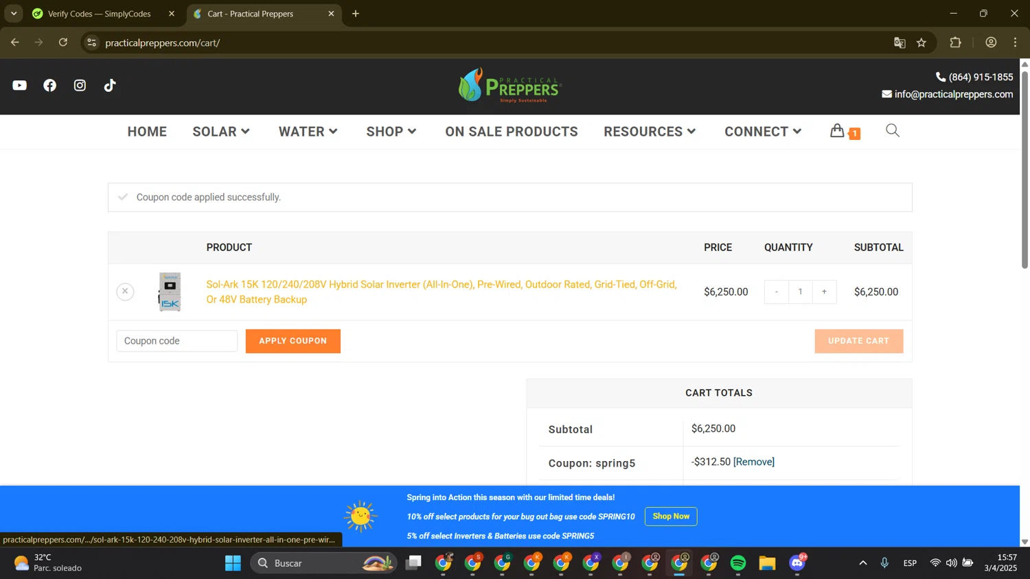 Practical Preppers checkout page showing Practical Preppers promo code box | Screenshot taken by SimplyCodes community member on Apr 3, 2025