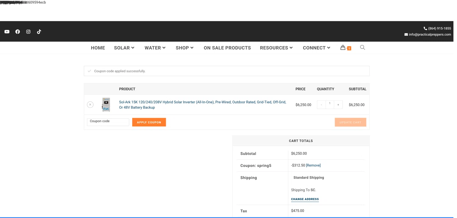 Practical Preppers promo code screenshot showing code SPRING5 applied at Practical Preppers checkout page. Uploaded by SimplyCodes community member CrownWhiz8114 on Apr 3, 2025