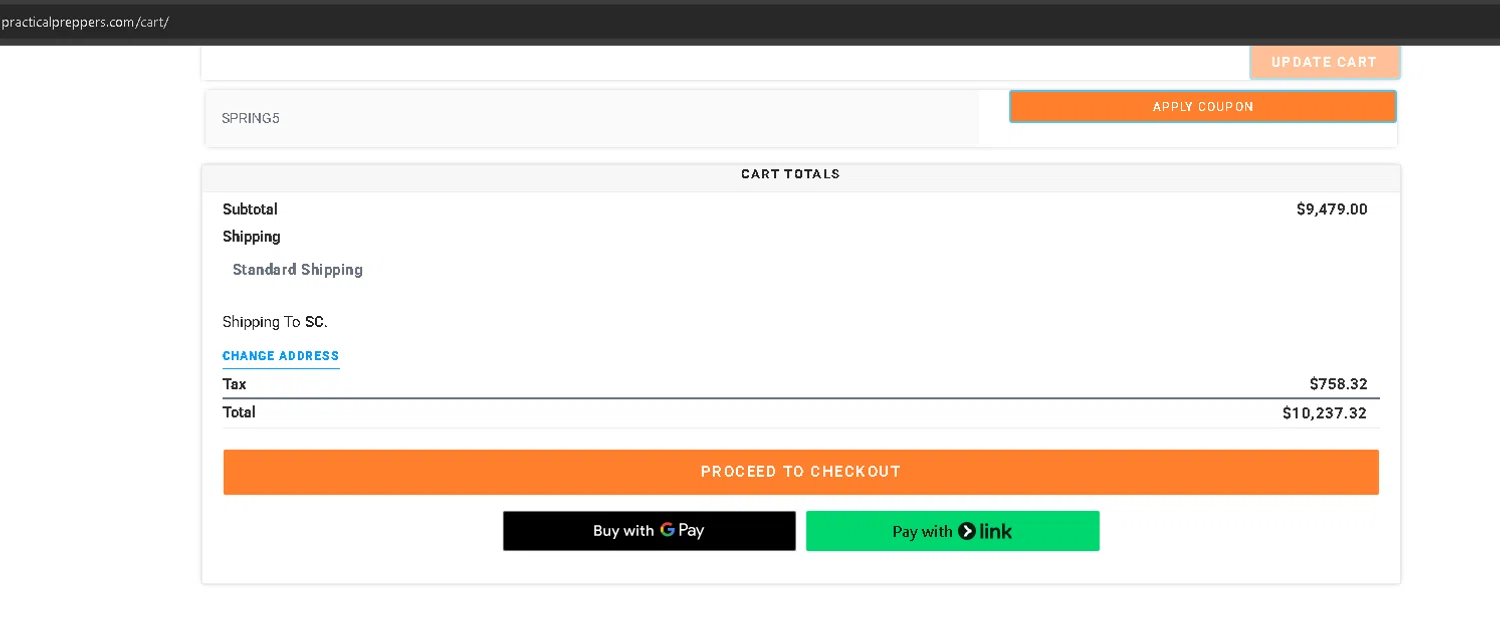 Practical Preppers promo code screenshot showing code SPRING5 applied at Practical Preppers checkout page. Uploaded by SimplyCodes community member anleo1225 on May 2, 2025
