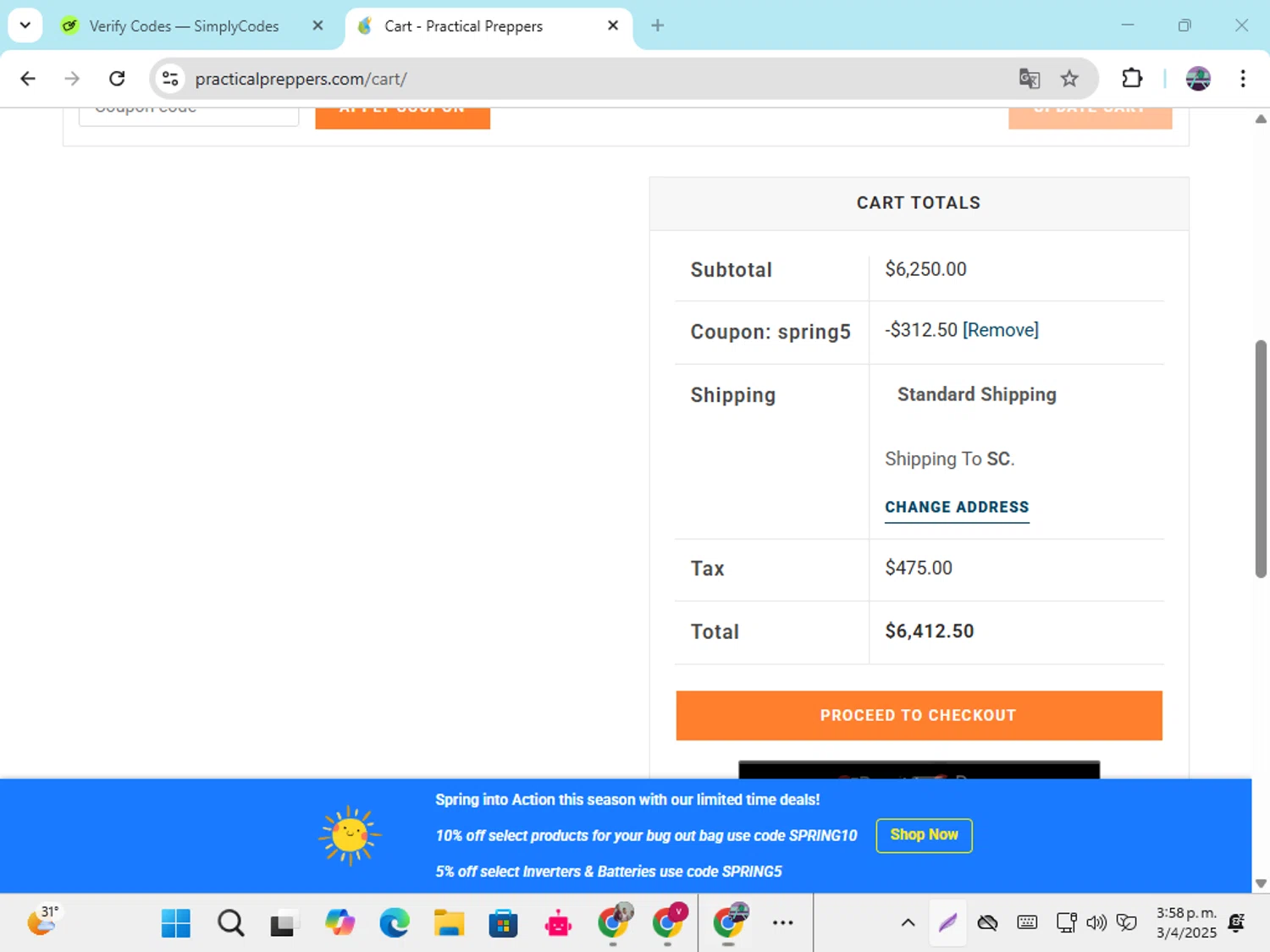 Practical Preppers checkout page showing Practical Preppers promo code box | Screenshot taken by SimplyCodes community member on Apr 3, 2025