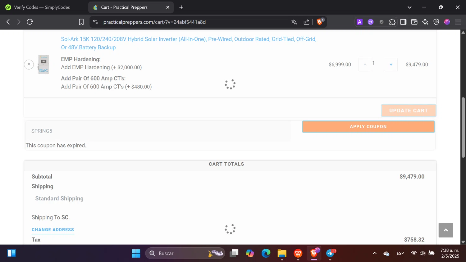 Practical Preppers promo code screenshot showing code SPRING5 applied at Practical Preppers checkout page. Uploaded by SimplyCodes community member hanzell2 on May 2, 2025