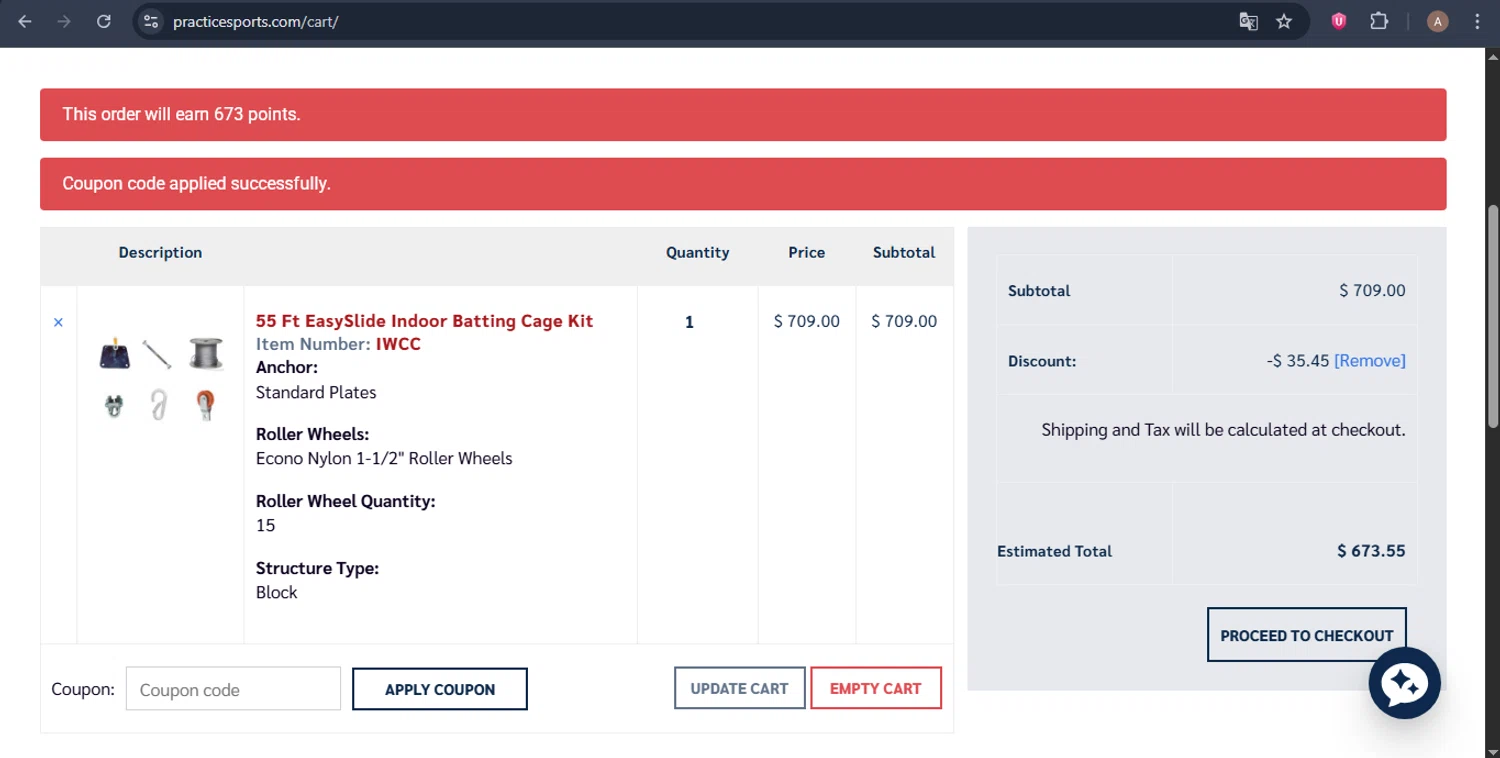 Practice Sports coupon code screenshot showing code PRACTICE5 applied at Practice Sports checkout page. Uploaded by SimplyCodes community member GoldRanger7896 on Sep 12, 2025