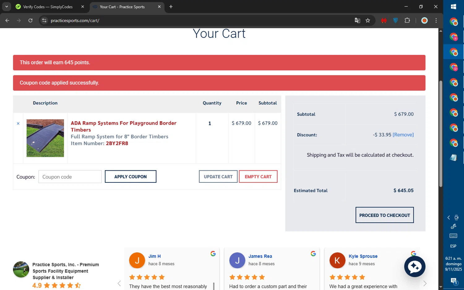 Practice Sports coupon code screenshot showing code PRACTICE5 applied at Practice Sports checkout page. Uploaded by SimplyCodes community member ValiantWarden8956 on Nov 9, 2025