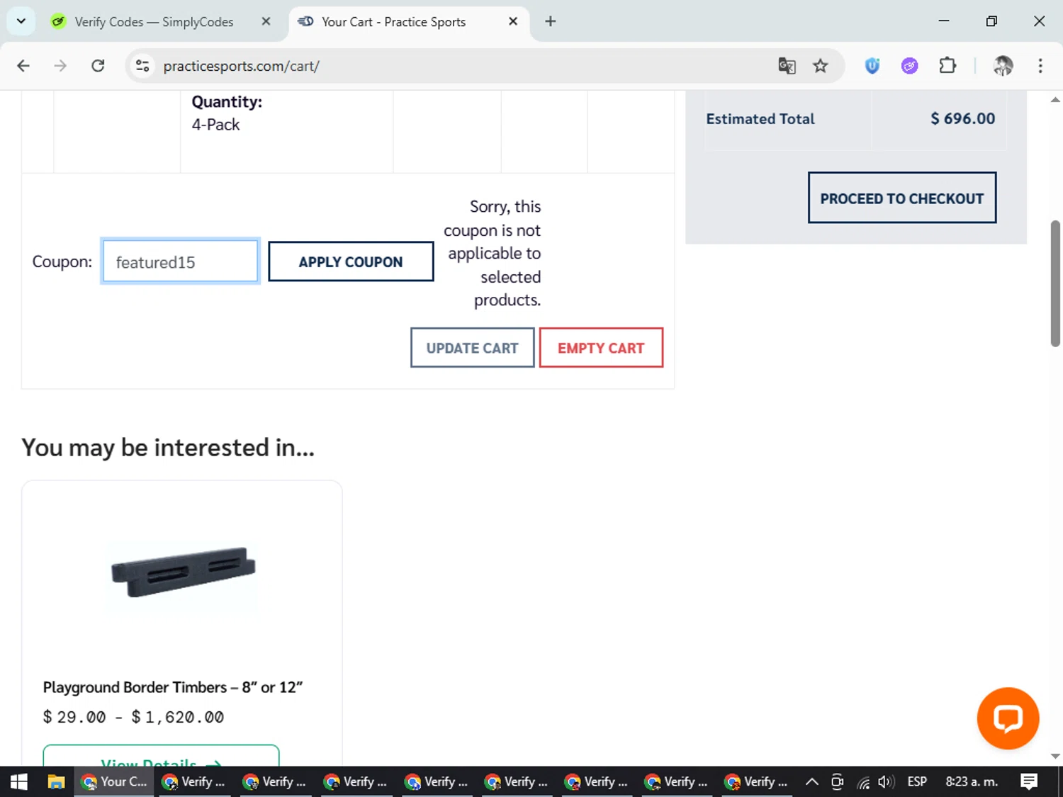Practice Sports coupon code screenshot showing code featured15 applied at Practice Sports checkout page. Uploaded by SimplyCodes community member CleverLegend6607 on Jun 8, 2025