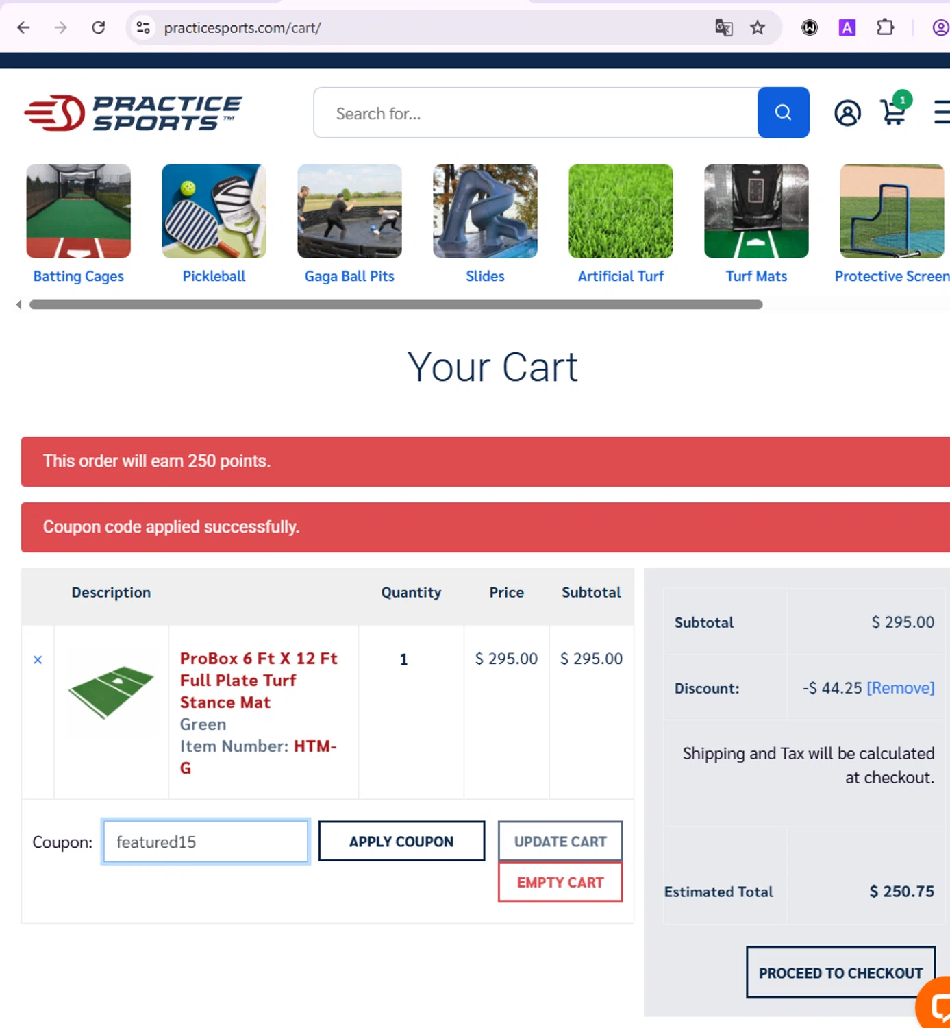 Practice Sports coupon code screenshot showing code featured15 applied at Practice Sports checkout page. Uploaded by SimplyCodes community member ivanguere on Sep 3, 2025