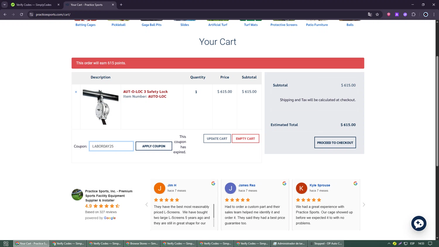 Practice Sports coupon code screenshot showing code LABORDAY25 applied at Practice Sports checkout page. Uploaded by SimplyCodes community member GoldRanger7074 on Sep 27, 2025