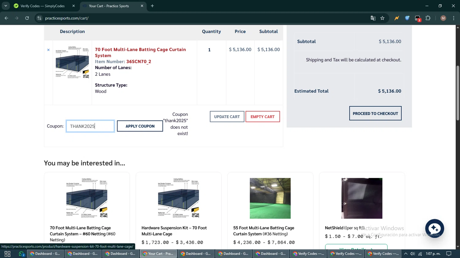 Practice Sports coupon code screenshot showing code THANK2025 applied at Practice Sports checkout page. Uploaded by SimplyCodes community member DiscountTitan4635 on Nov 7, 2025