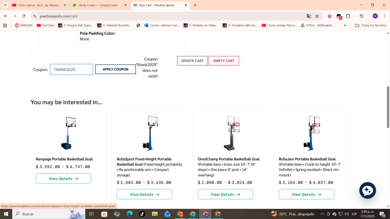 Practice Sports coupon code screenshot showing code THANK2025 applied at Practice Sports checkout page. Uploaded by SimplyCodes community member cod_gakpo on Nov 7, 2025